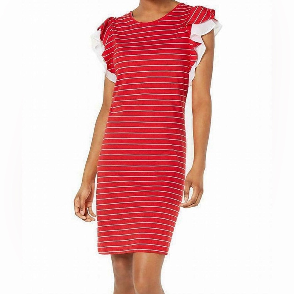 NWT Macy’s Madison Jules Red Striped Ruffle Sleeve Dress